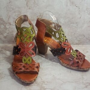 L'Artiste Women's Multicolor Leather Heel  Sandals Ankle Strap Imani Size  39